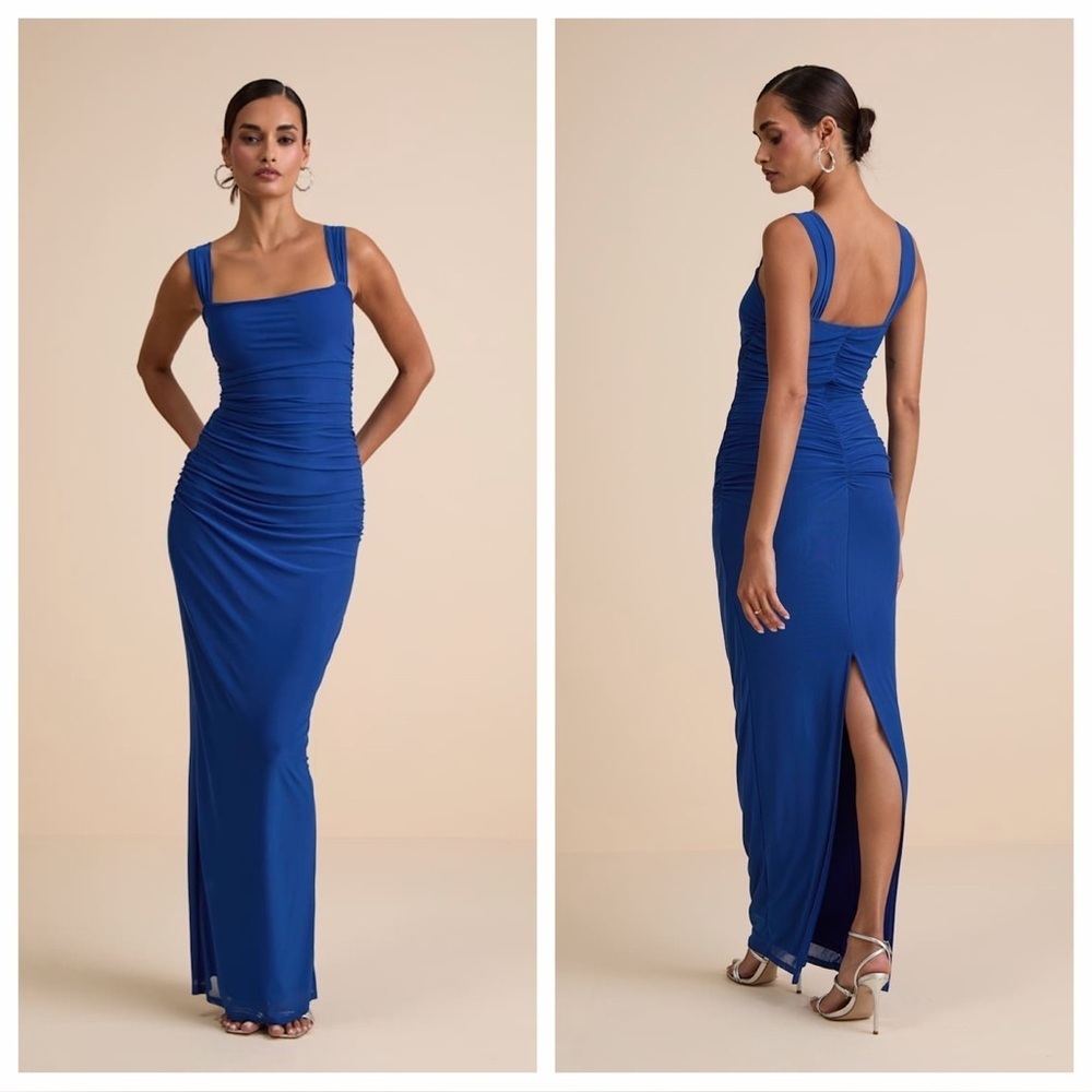 Lulus Amazing Presence Blue Mesh Ruched Column Maxi
Dress
